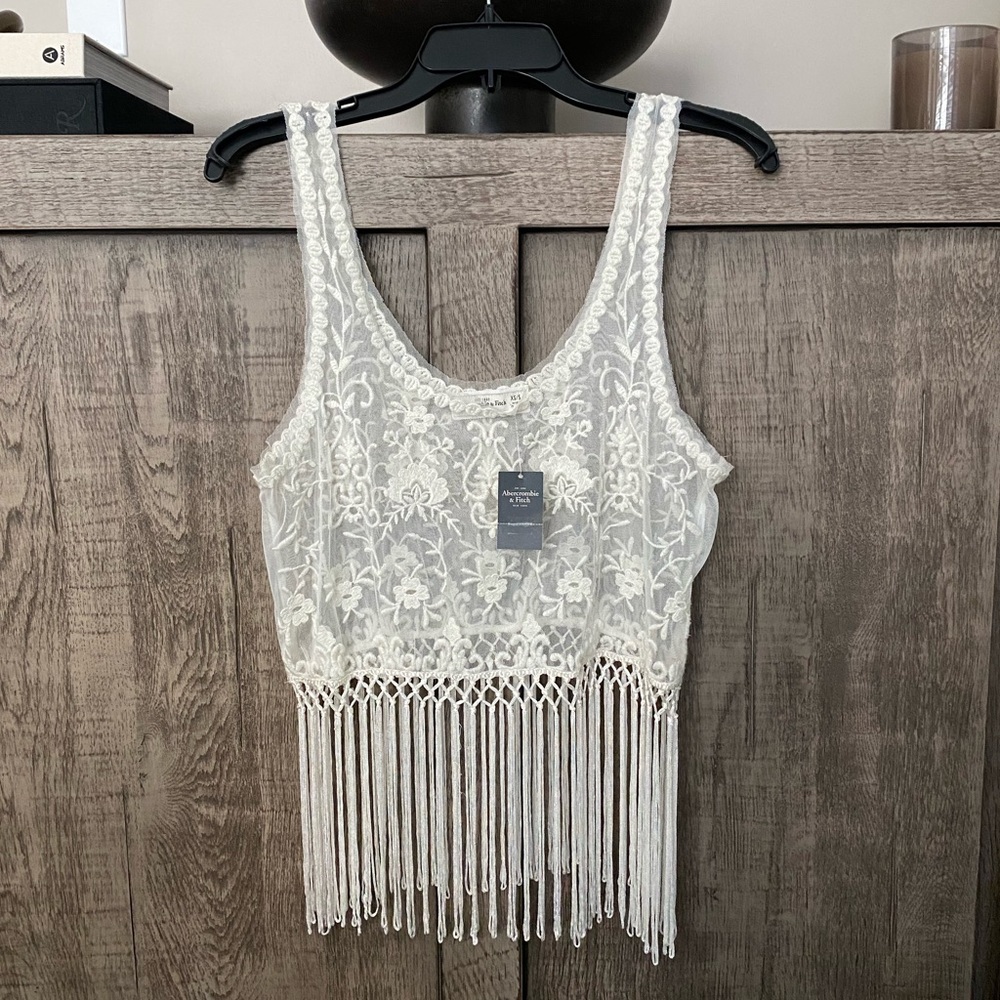 A&F Ivory Sheer Fringe Crop Top